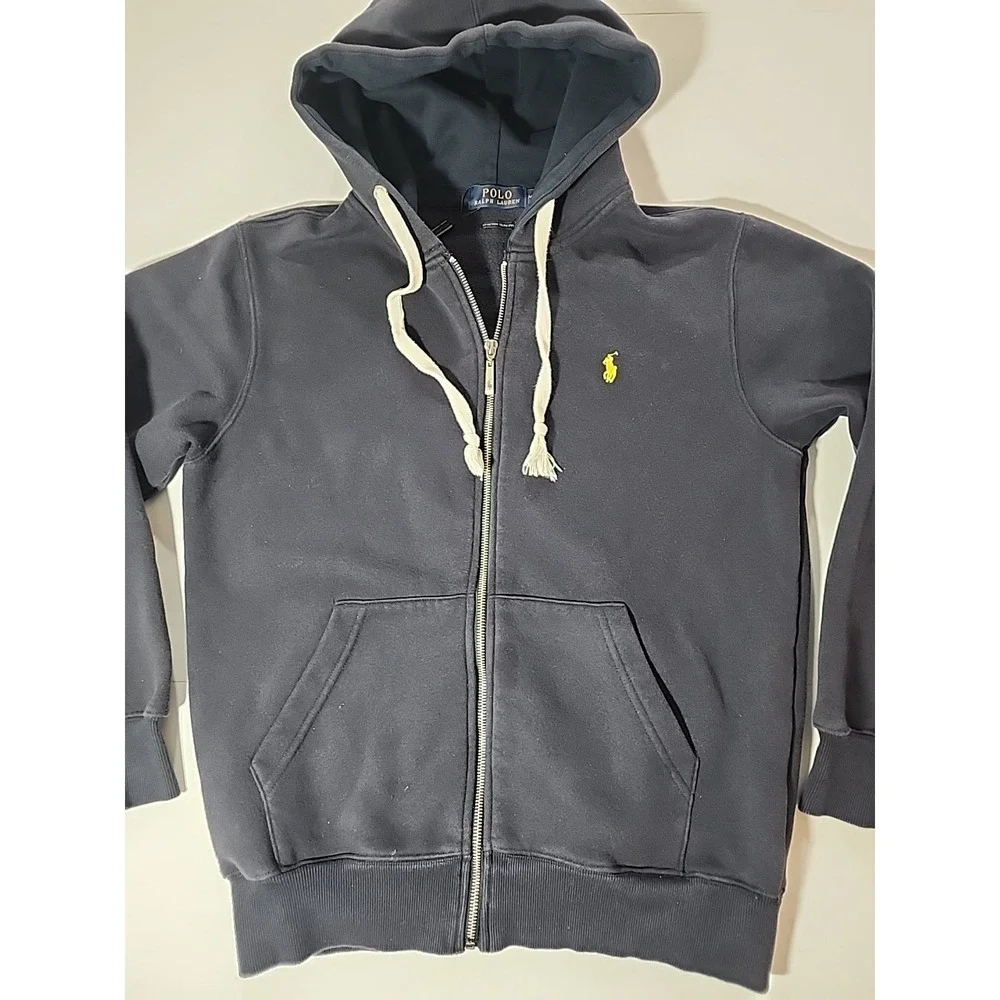 Vtg‎ Polo Ralph Lauren Full Zip Hoodie Medium Navy Blue Yellow Logo Slim Fit